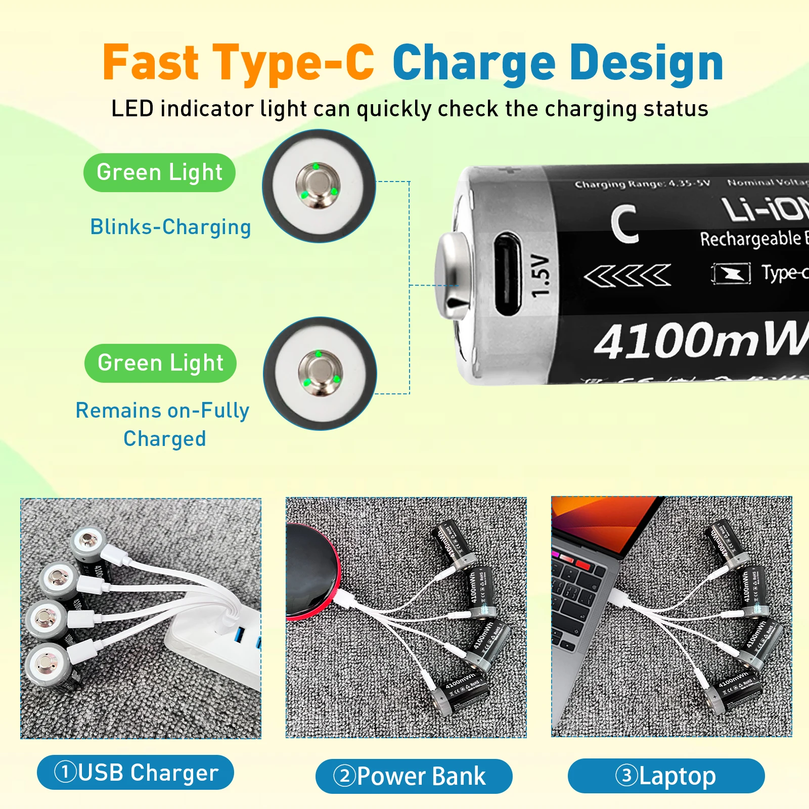 4100mWh large capacity 1.5V C lithium battery for toy home appliances USB rechargeable lithium battery