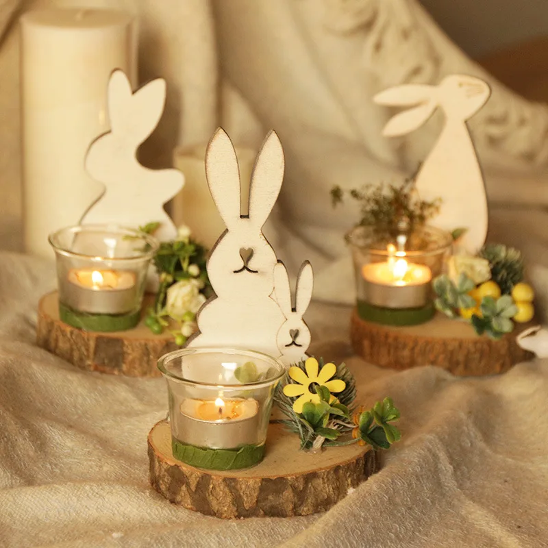 Home natural plants Nordic wooden rabbit glass candlestick creative furniture decorations