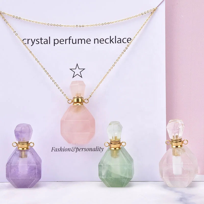 Perfume Bottle Shaped Aromatherapy Locket rose quartz with Rose Gold Chain