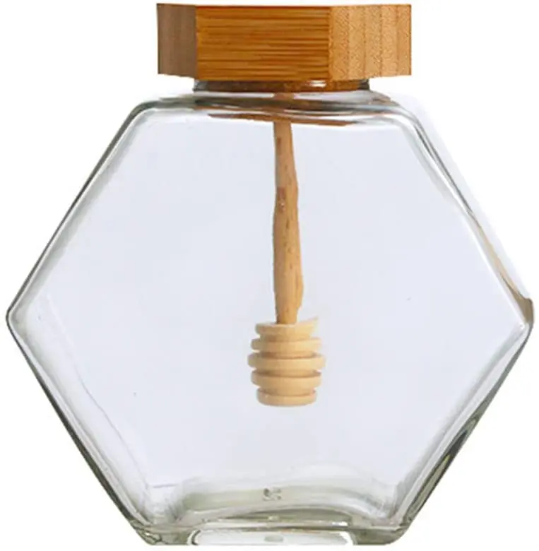 220ML 380ML Glass Honey Jar with Wooden Dipper and Cork Lid Cover for Home Kitchen