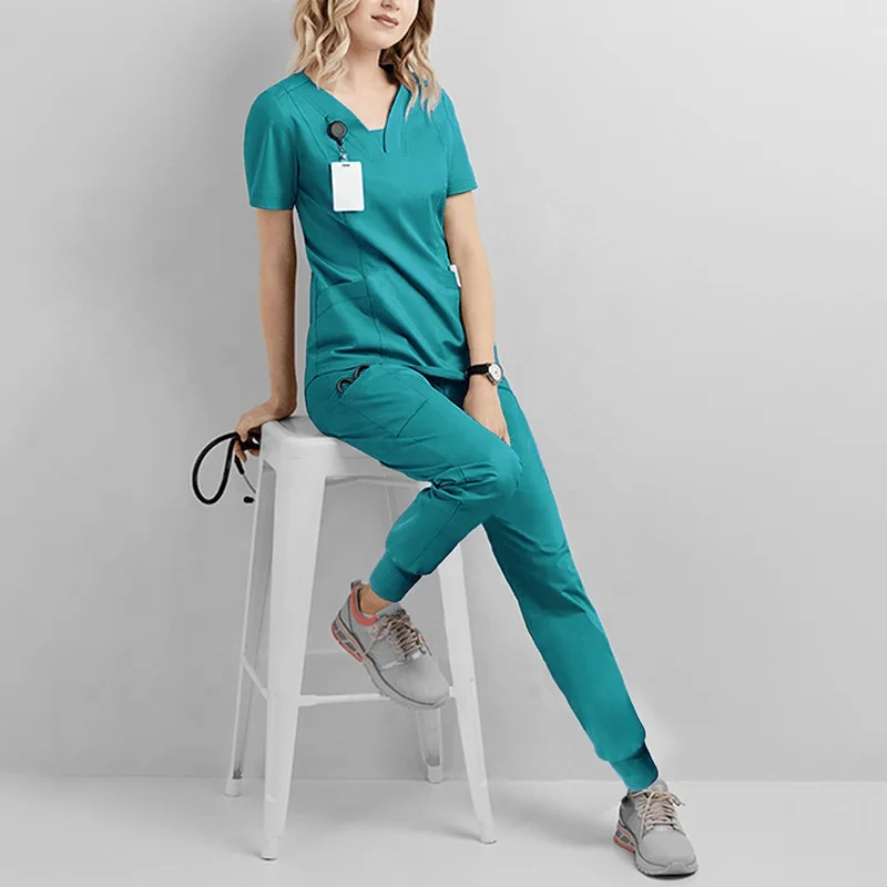 Fashion Trend Custom V Neck Women Tops Pants Hospital Uniforms Two Piece Set Unisex Big Size Nurse Doctor Scrubs Uniform Set