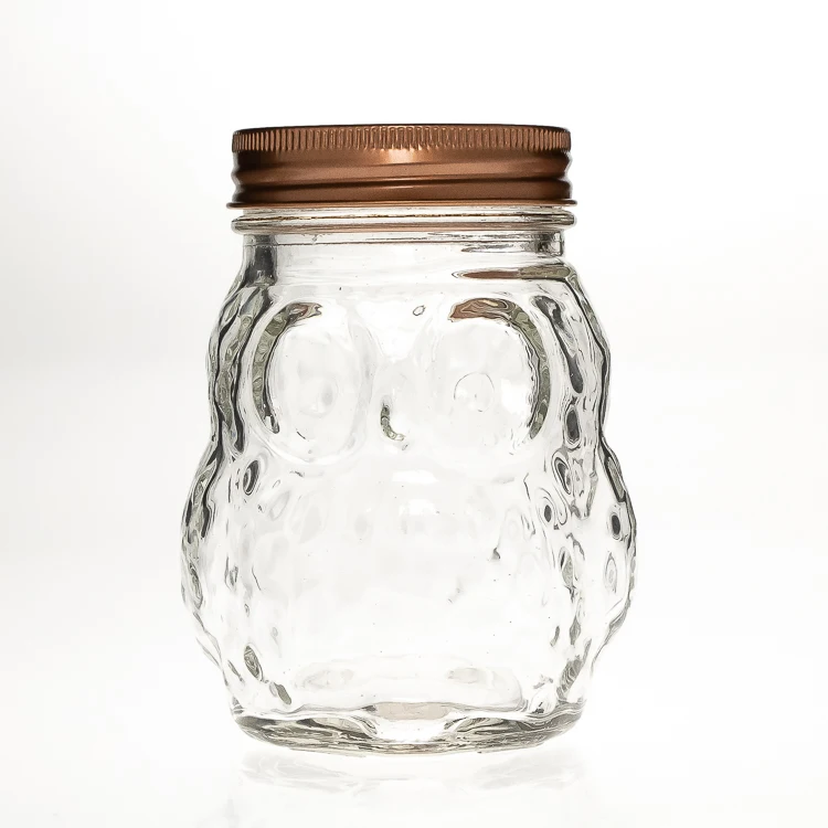Factory direct selling 400ml owl animal shaped beverage jars clear empty Glass mason jar mug with lids