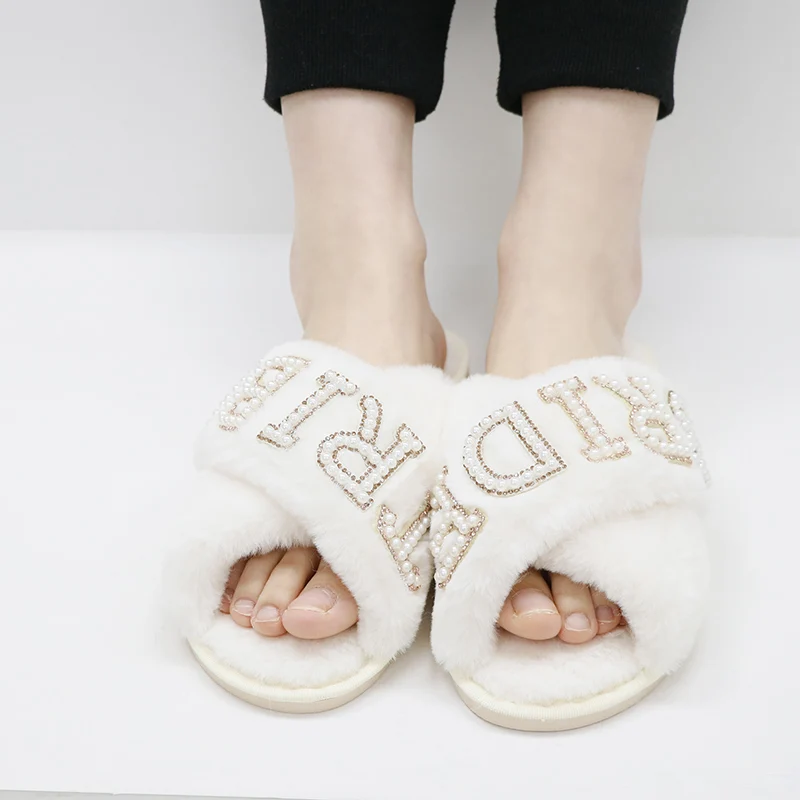 Wholesale OEM Pearl Patch Warm Plush Wedding Slides Rhinestone Bride Cross Band Handmade Slippers For Bride Bridesmaid