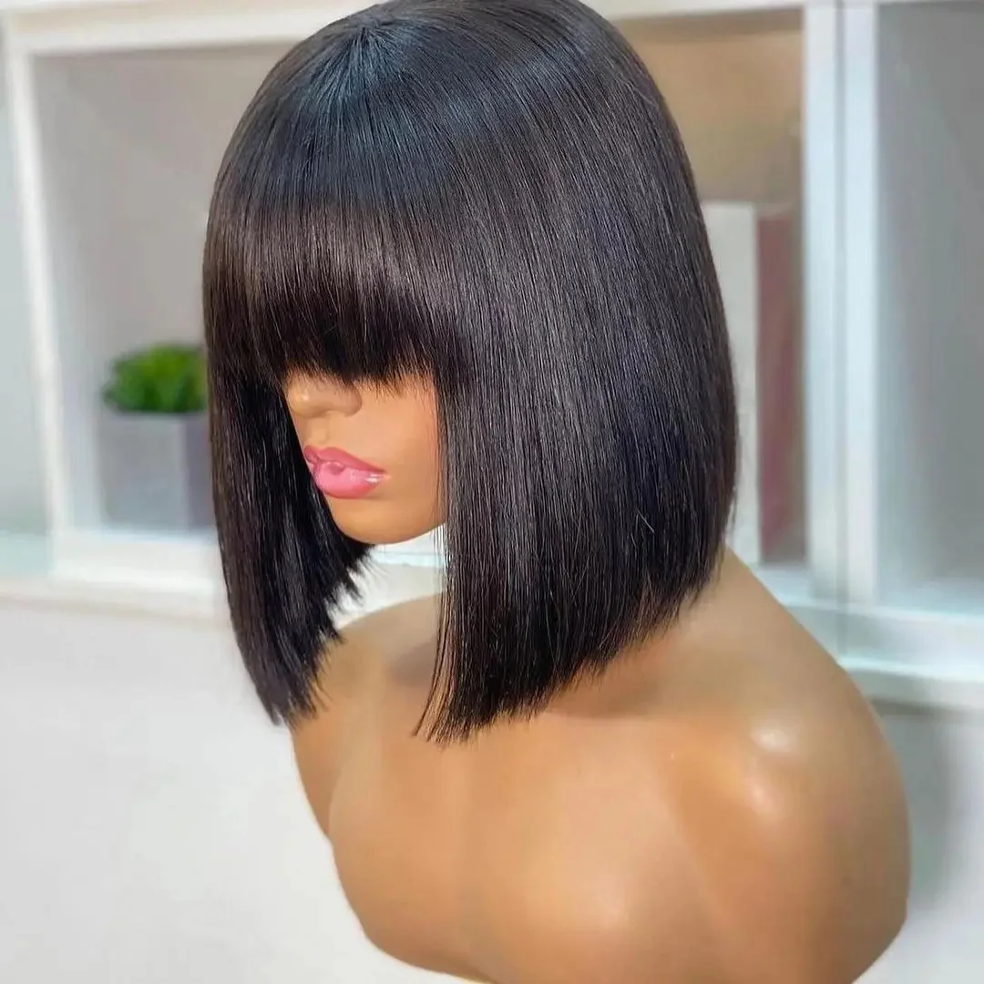 Cheap Glueless Short Bob Wigs With Bangs Human Hair Short Bob Straight Wigs Brazilian Human Hair Lace Front Wigs For Black Women