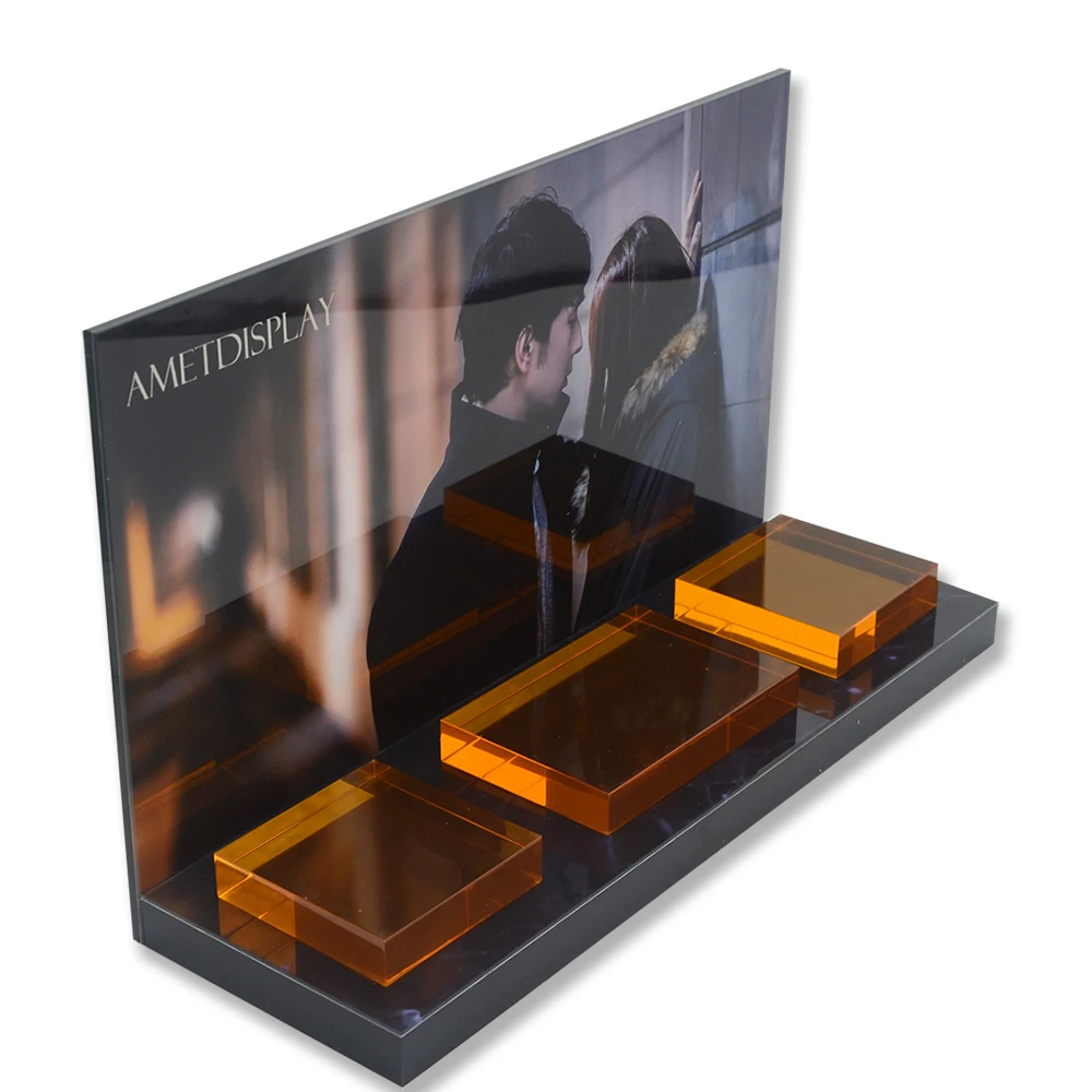 Пользовательский L-образный акриловый косметический дисплей и витрина для макияжа бесплатный дизайн