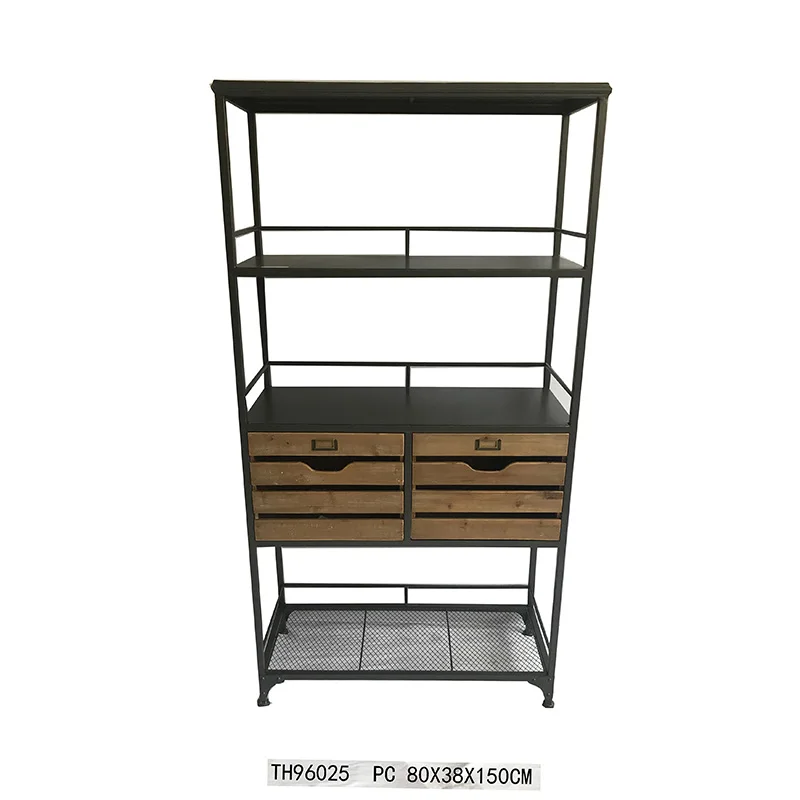 TH96025 Железный деревянный промышленный винтажный черный книжный шкаф книжная полка с двумя ящиками