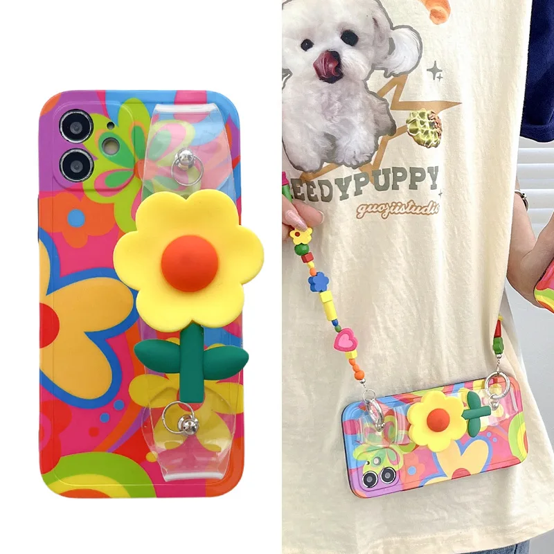 Colorful Painting Flowers  colorful flower phone case with wristband for all phones