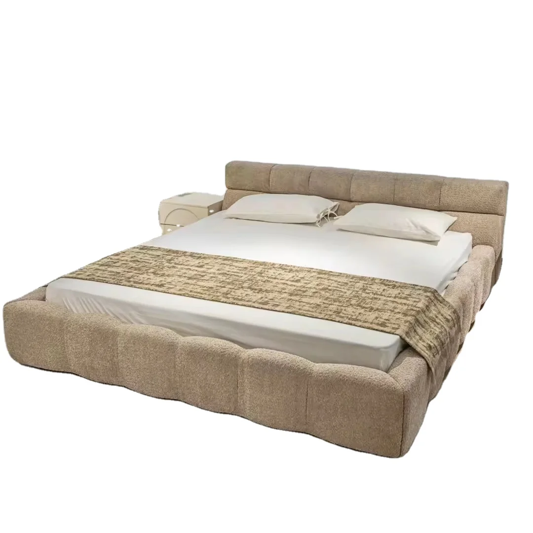 Hengxiang Italian Nordic Minimalist Beige White Bed Master Bedroom Wedding Twin Soft Double Bed King Size Solid Wood Frame Bed