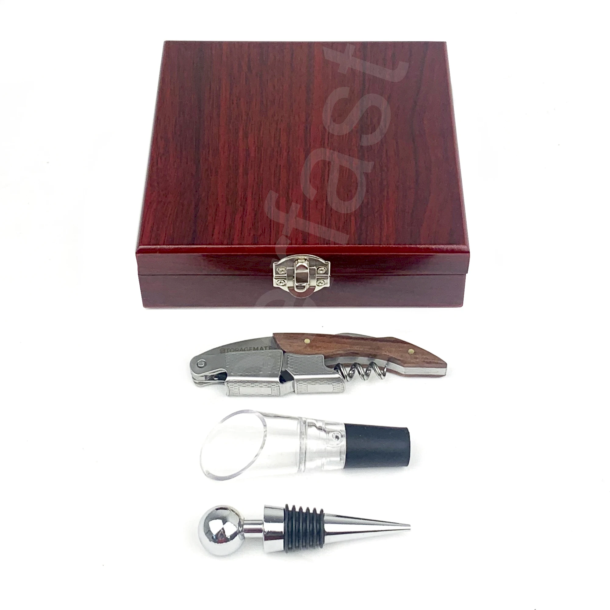 Customized Opener Wine Wood Handle Corkscrew And Stopper 3Piece Wooden Box Set Wine Accessories Gift Set Opener