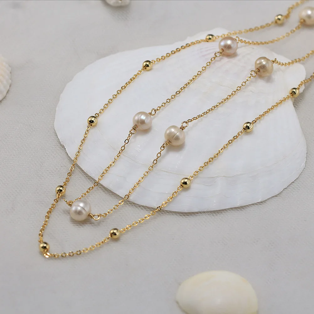 New Arrival 14K Gold Plated 925 Silver Freshwater Pearl Necklace Stacked Necklace for Women Girls