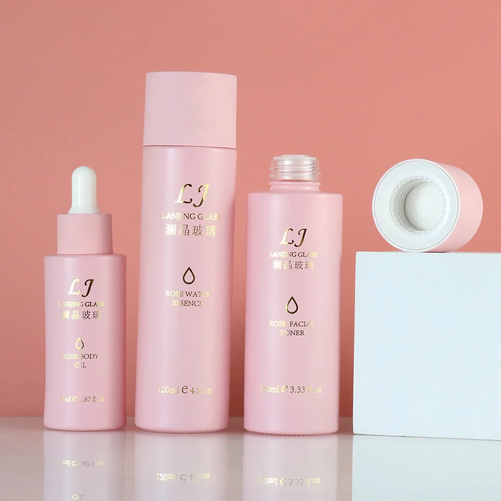 high quality make up set cosmetics 55g 40ml 100ml 120ml pink cosmetic lotion glass bottle packaging set