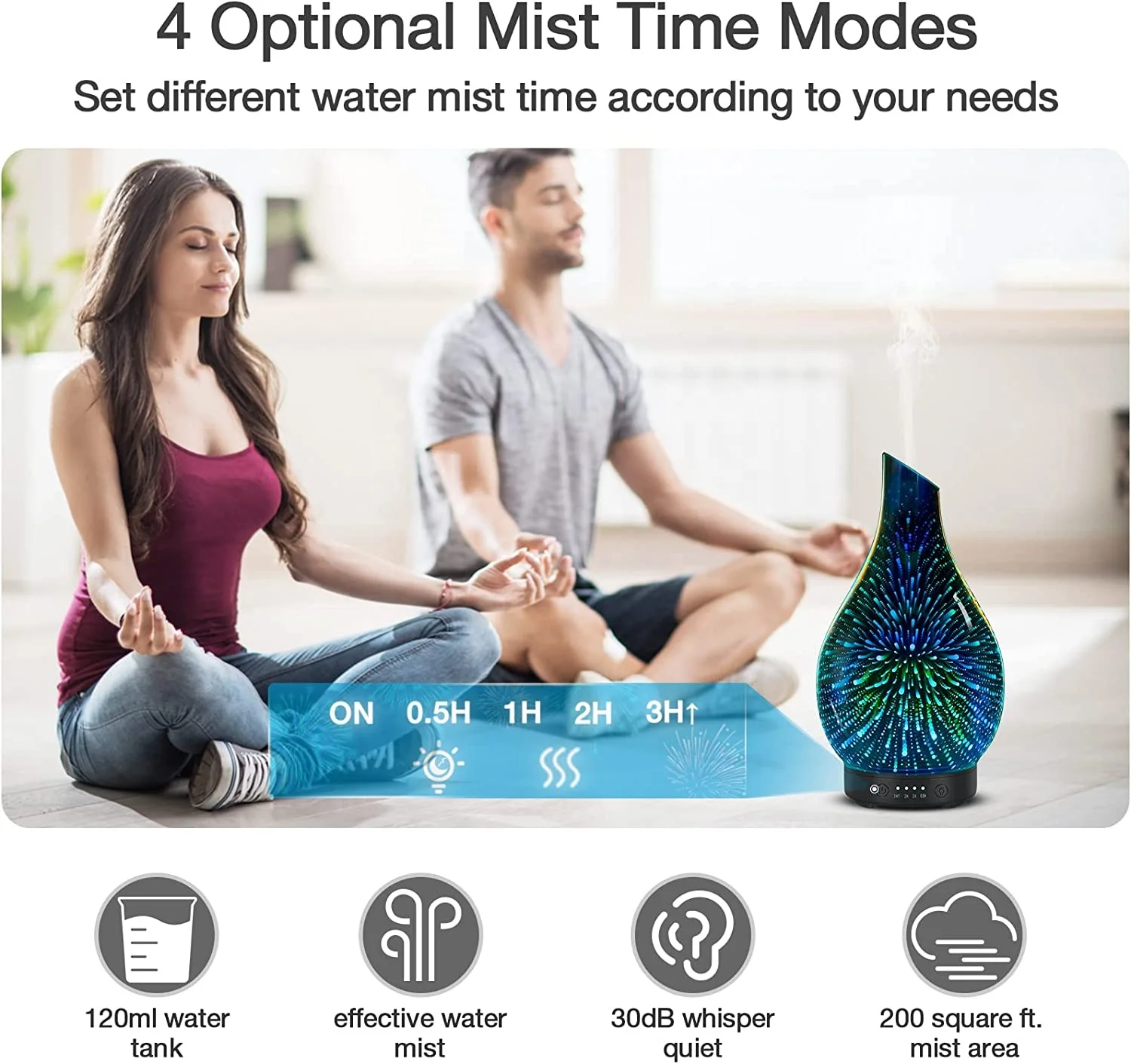 3D Firework Essential Oil Diffuser 7 Colors LED Lights Changing, 120ml Glass Aromatherapy Ultrasonic Humidifier Decorative Lamp