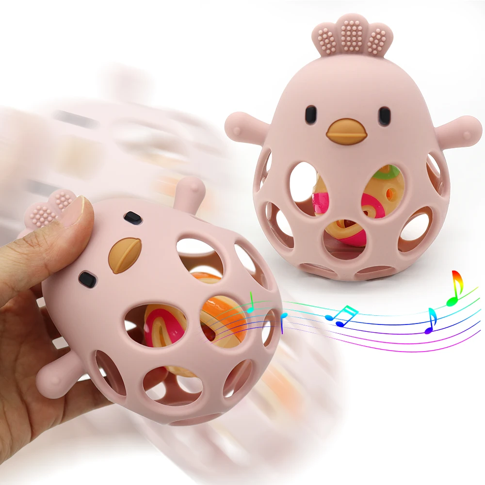 Custom Kids Sensory Teether Rattle Animal Chick Teething Baby Toy BPA Free Silicone Teether For Babies