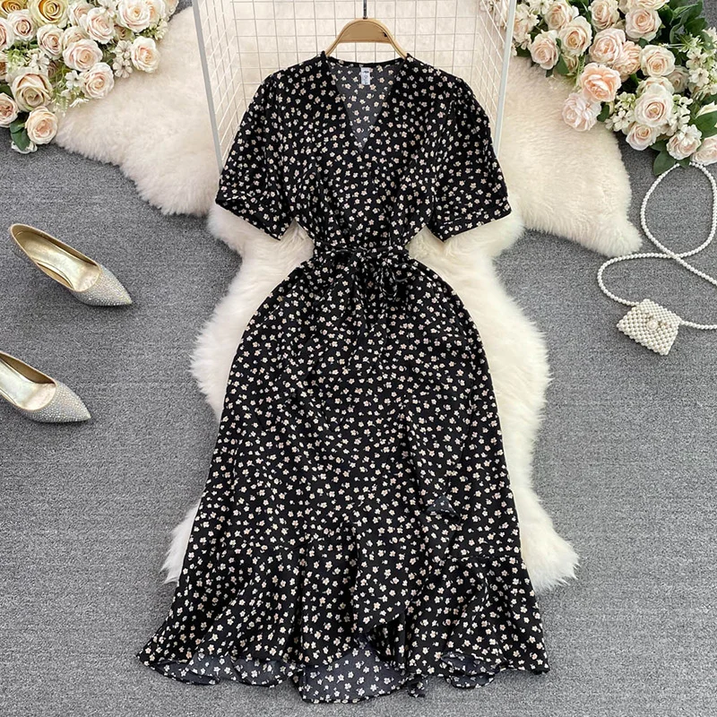 Summer Floral Printed Boho Midi Dress for Women V-neck French Slim Short Sleeve Beach Chiffon Dresses Lady Korean Cute Clothing