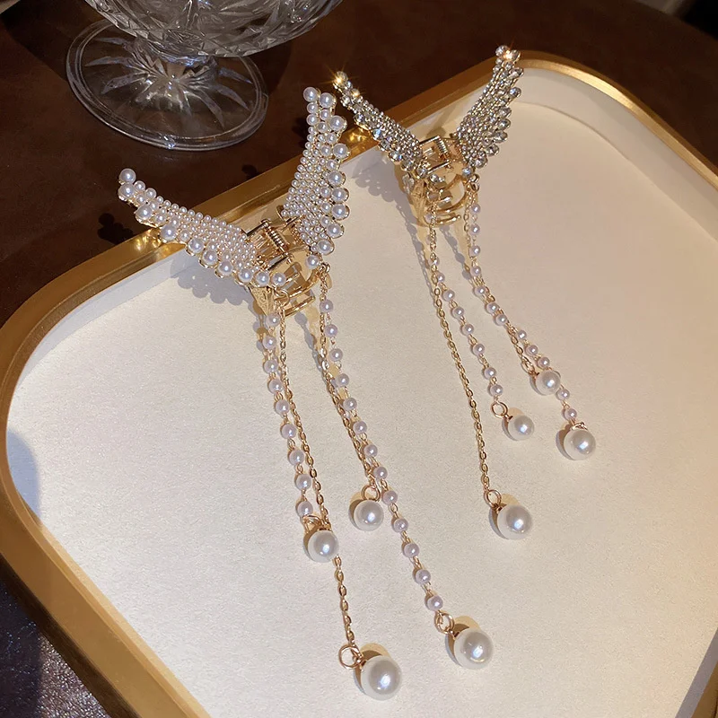 Elegant Back Head Shark Hair Clip Metal Hairpin Fashion Angel Wings Pearl Long Tassel Butterfly Holding Hair Claw