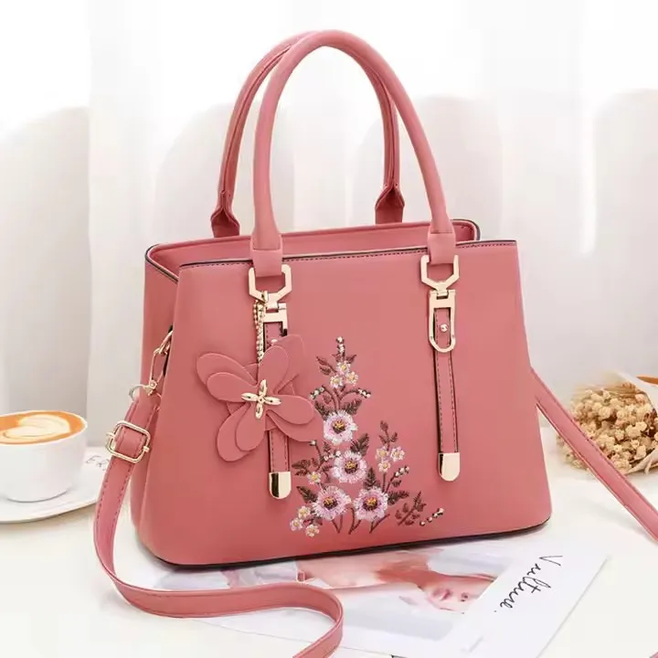 RU Navy blue embroidered floral office large designs tote shoulder handbags for women wholesale