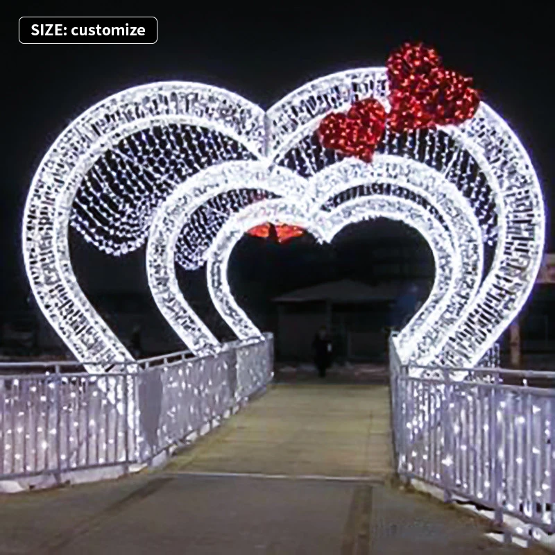 Custom Design Heart Shape Motif Light Christmas 3D Outdoor Street Decoration LED Tunnel Arch Motif Lights