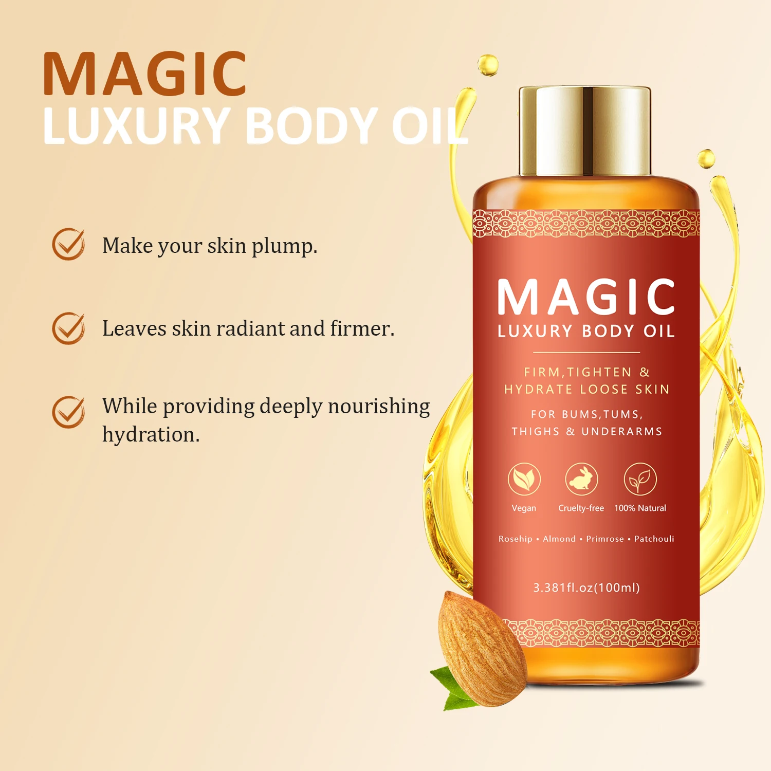 100% Natural Almond Skin Care Plump Visibly Effect Scar Removal Anti Wrinkle Firming Moisturizing Vegan Magic Luxury Body Oil