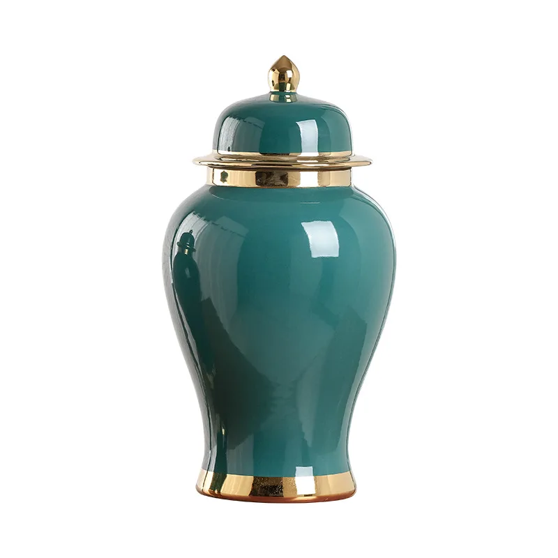 Factory Sell Modern Home Decoration Green Glazed Gold Rim Ceramic Decorative Ginger Jar
