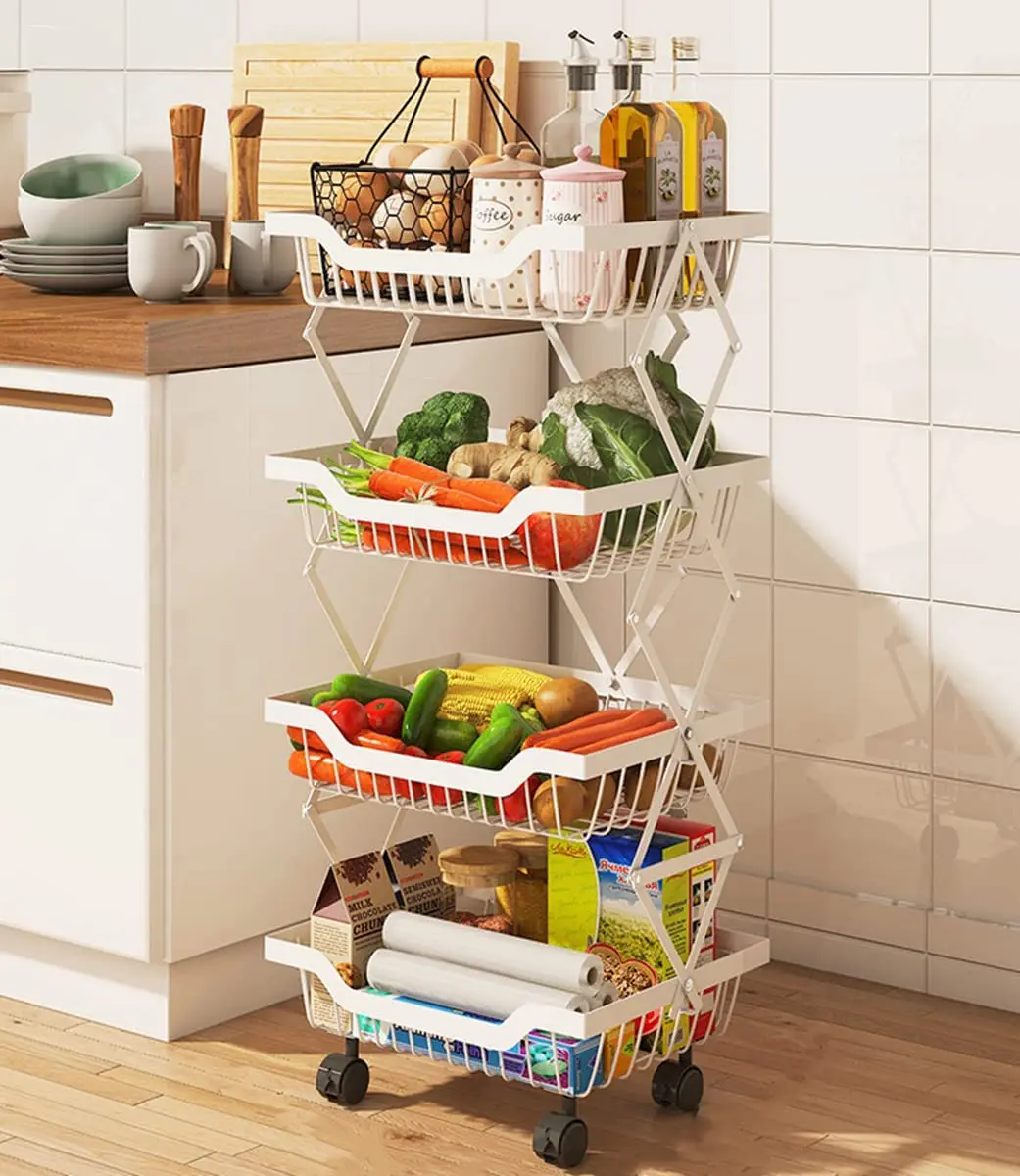 Collapsible Metal Wire Storage Pantry Baskets with Wheels, Fruit Vegetable Basket Storage Cart, Rolling Utility Cart for Kitchen