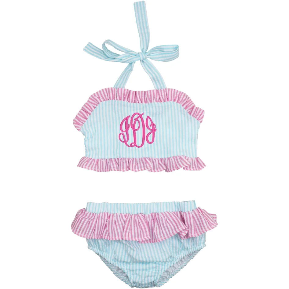 Kids Aqua And Pink Seersucker Two Piece Swimsuit Custom Logo Wholesale Designer Bikini Sets For Girls