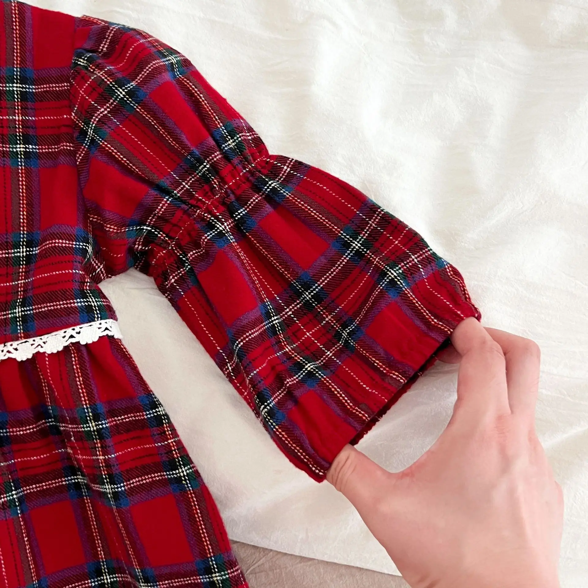 C1001 Christmas design newborn baby girls puff sleeve romper infant toddler girl red plaid dresses princess clothing