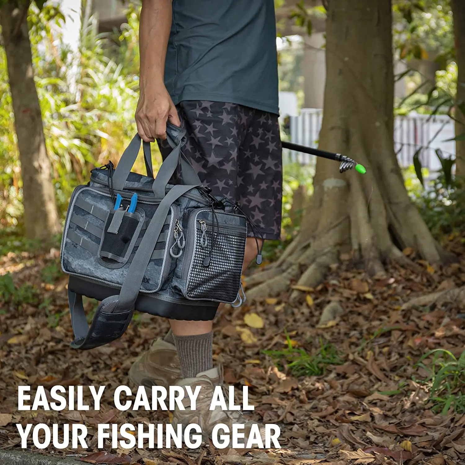 Large Water-Resistant Fishing Storage Bag Fishing Tackle Bag with 2pcs 3600 Tackle Tray Boxes and Rod Holder