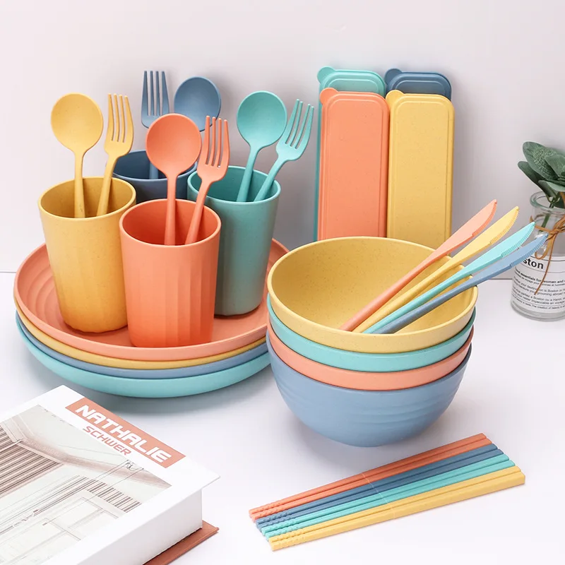Kids Set 32 Pcs 4 8 Pieces Plastic Pp Dinner Portable Cut Sets Wheat Straw Dinnerware Sets Tableware