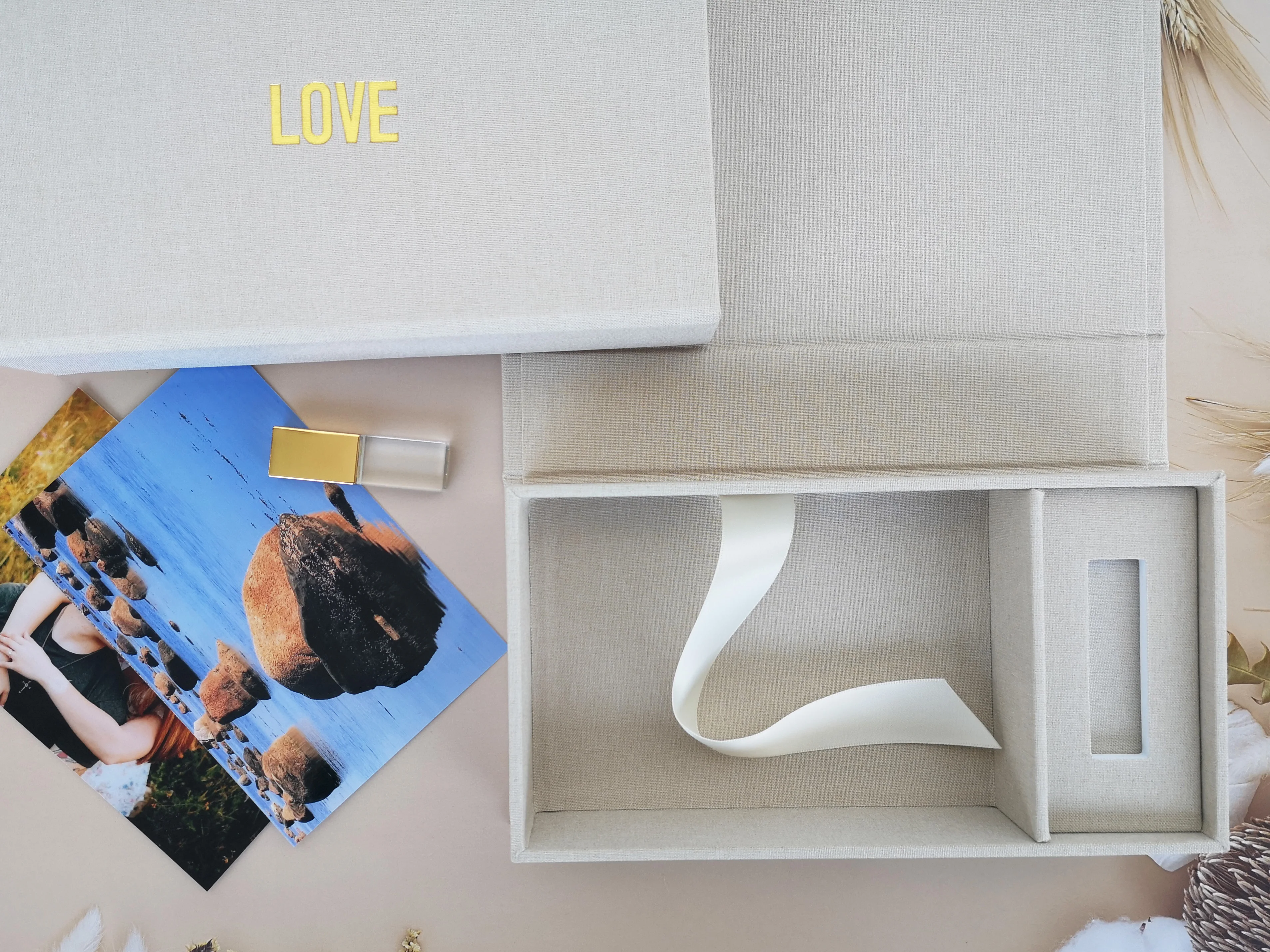 Beige Cream Linen Box Photographer Gift 4*6  Photo Fabric prints Holding Box Glass Crystal USB Flash Drive photo linen box
