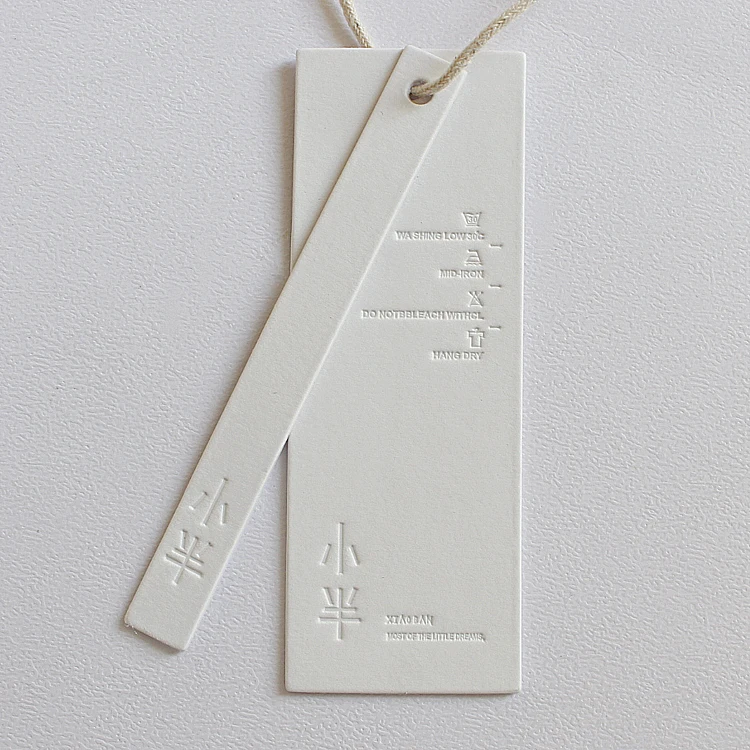Custom Embossed Design Printing Name Logo Pure White Beige Paper Garment Hangtag Labels Custom Clothing Tags With Cotton String