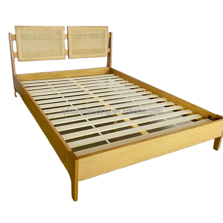 Wholesale Solid Wood Rattan Bed Frame King Size French Wooden Bed With Natural Rattan Headboard