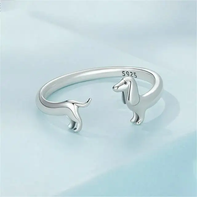 Rainbowking Sterling Silver S925 Dachshund Open Ring Simple Cute Cute Fun Vegan Silver Puppy Ring Fine Jewelry Ring