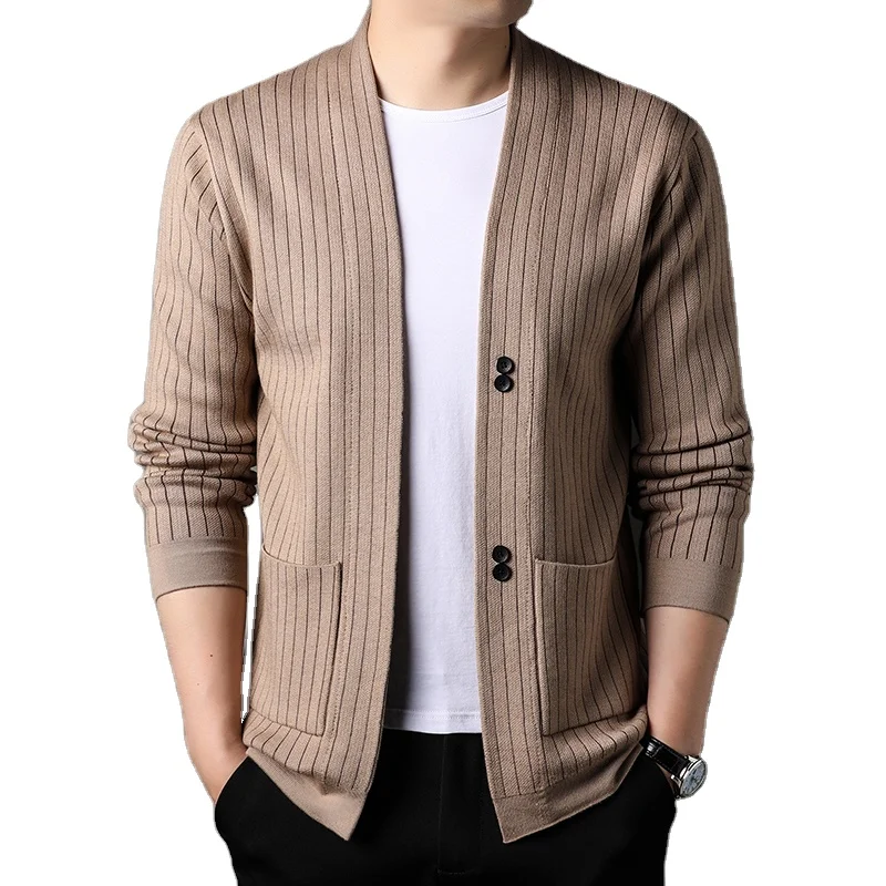 Мужской свитер с длинным рукавом, приталенный, в полоску, на пуговицах спереди