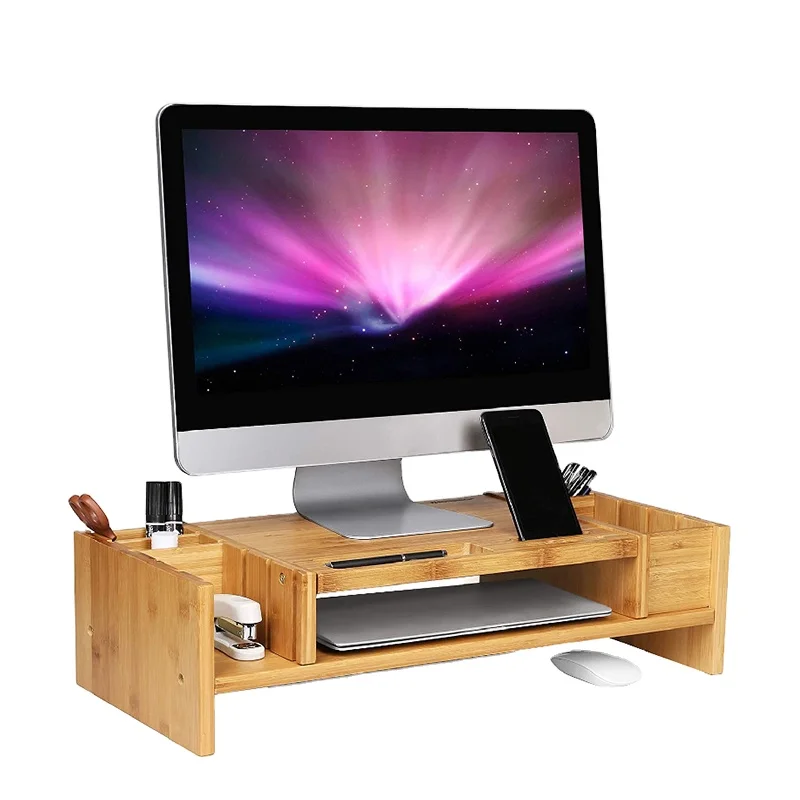 Bamboo Laptop Stand Computer Riser with Storage Organizer Office Desk Laptop Cellphone TV Printer Desktop Container