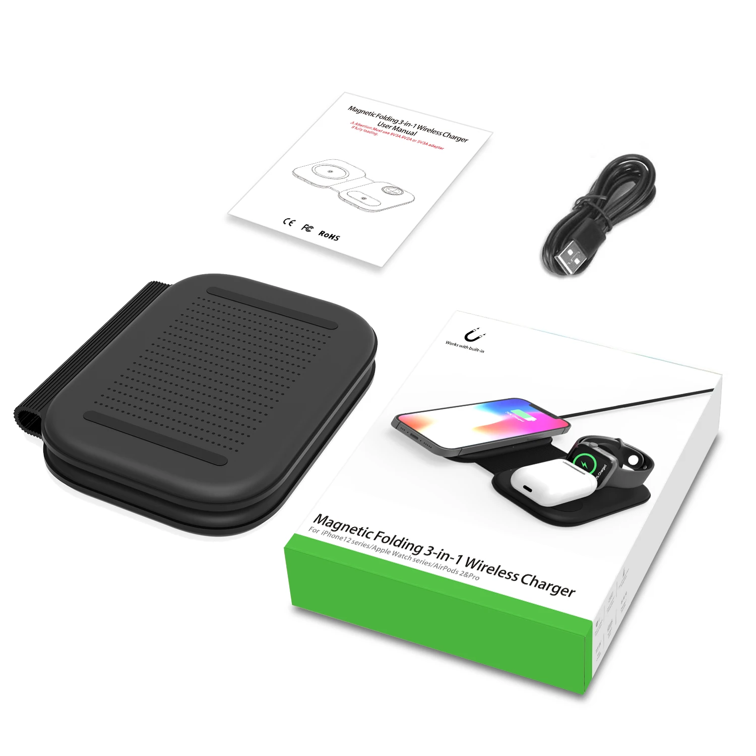 Newest foldable 3 in 1 wireless charger stand 15w Qi fast charging wireless for iphone 13 12 mini pro max / airpods and iwatch