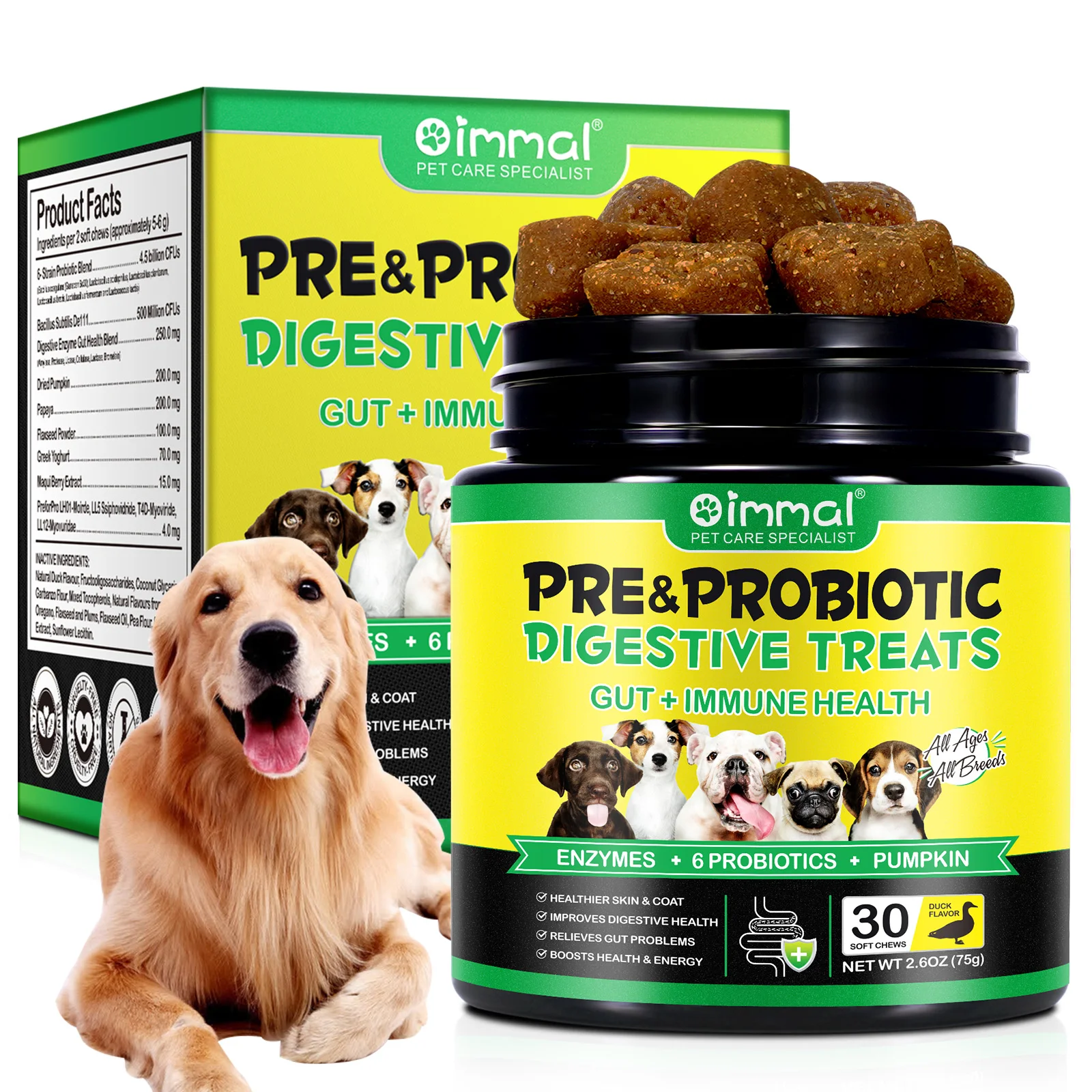 OEM Private Label Pet Nutritional Pre and Probiotics Chews Gut Health Supplement for Dogs Skin and Coat Allergy Immune
