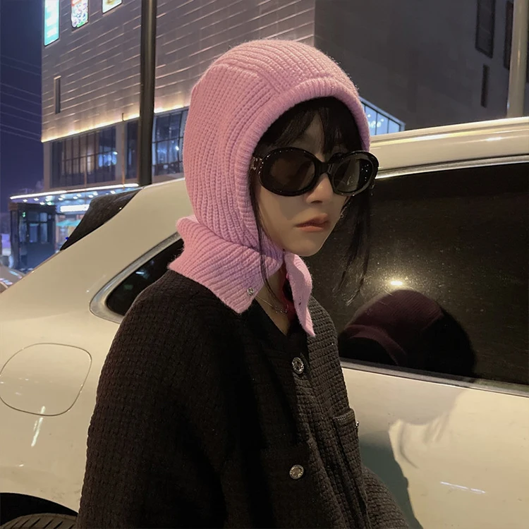 New Fashion Custom  Balaclava Knitted Hat Dual-purpose Hooded Scarf Knitted Hats Winter For Women
