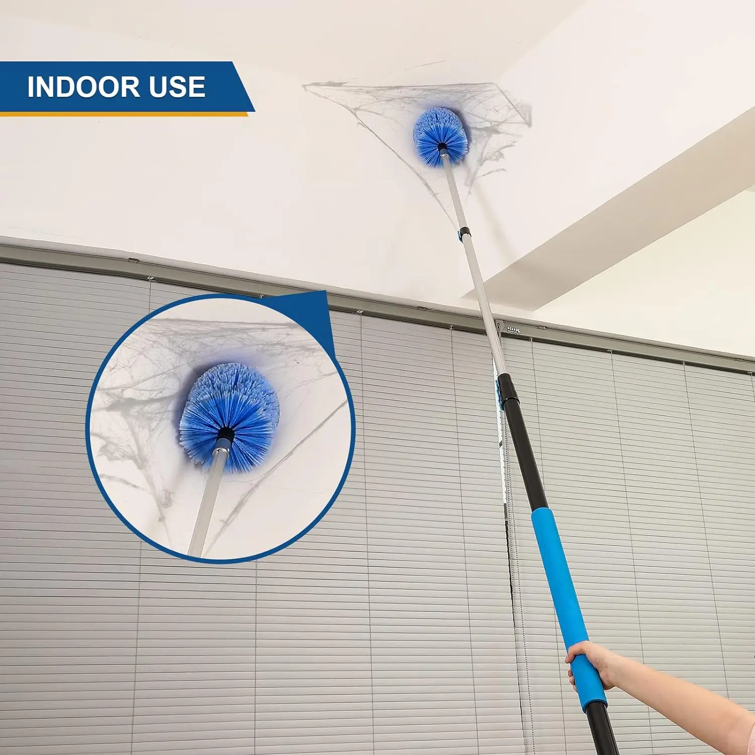 Qiyun Indoor long reach round professional cobweb duster brush with extension pole for high ceiling spider web cleaning
