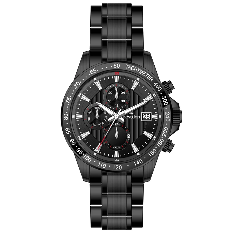 New sport design japanese movt tachymeter watch multi function two time zone stainless steel chain watch