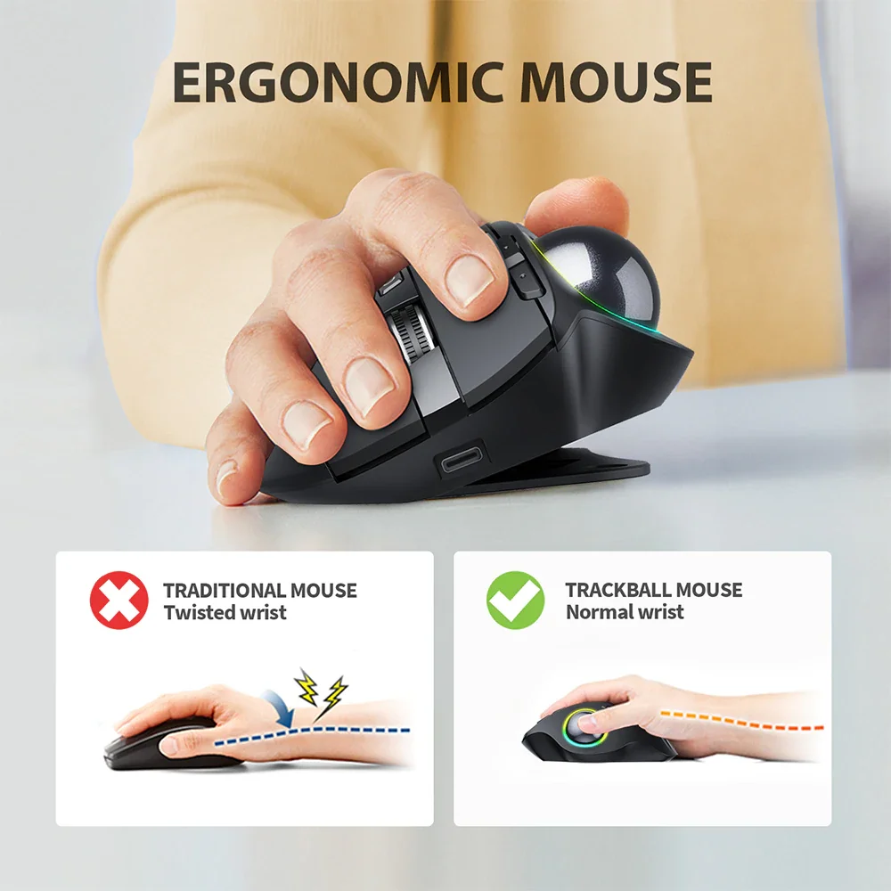 ProtoArc 2.4G USB Vertical Wirelsee Mice RGB 360 Degree Trackball Mouse 1000 1600 2400DPI Rechargeable Ergonomic BT Mouse