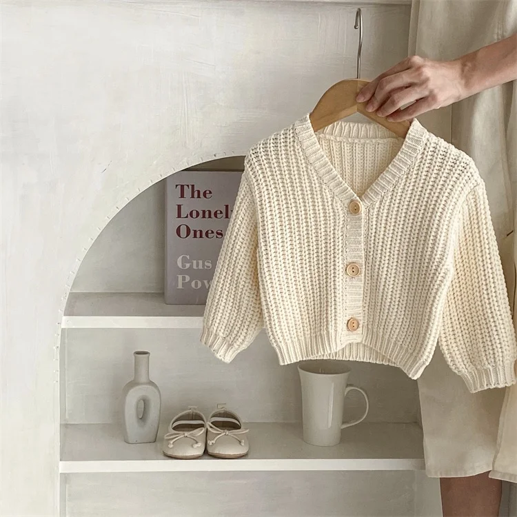 Spring Autumn Newborn Long Sleeve Boys Girls Knit Cardigan Comfortable Soft Thick Knit V-Neck Jacket Sweater for Unisex Babies