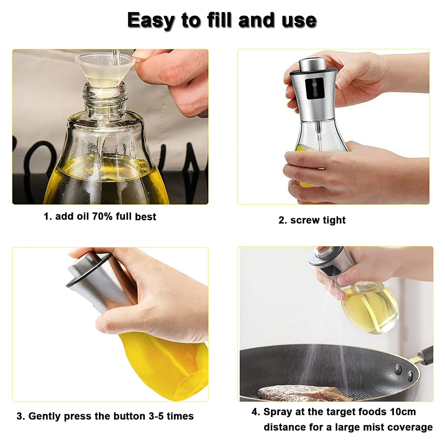 Hot Selling 200ML Oil Pump Glass Bottles Kitchen Baking Cooking Oil Vinegar Mist Sprayer Silver Stainless Steel 304 Oil Sprayer