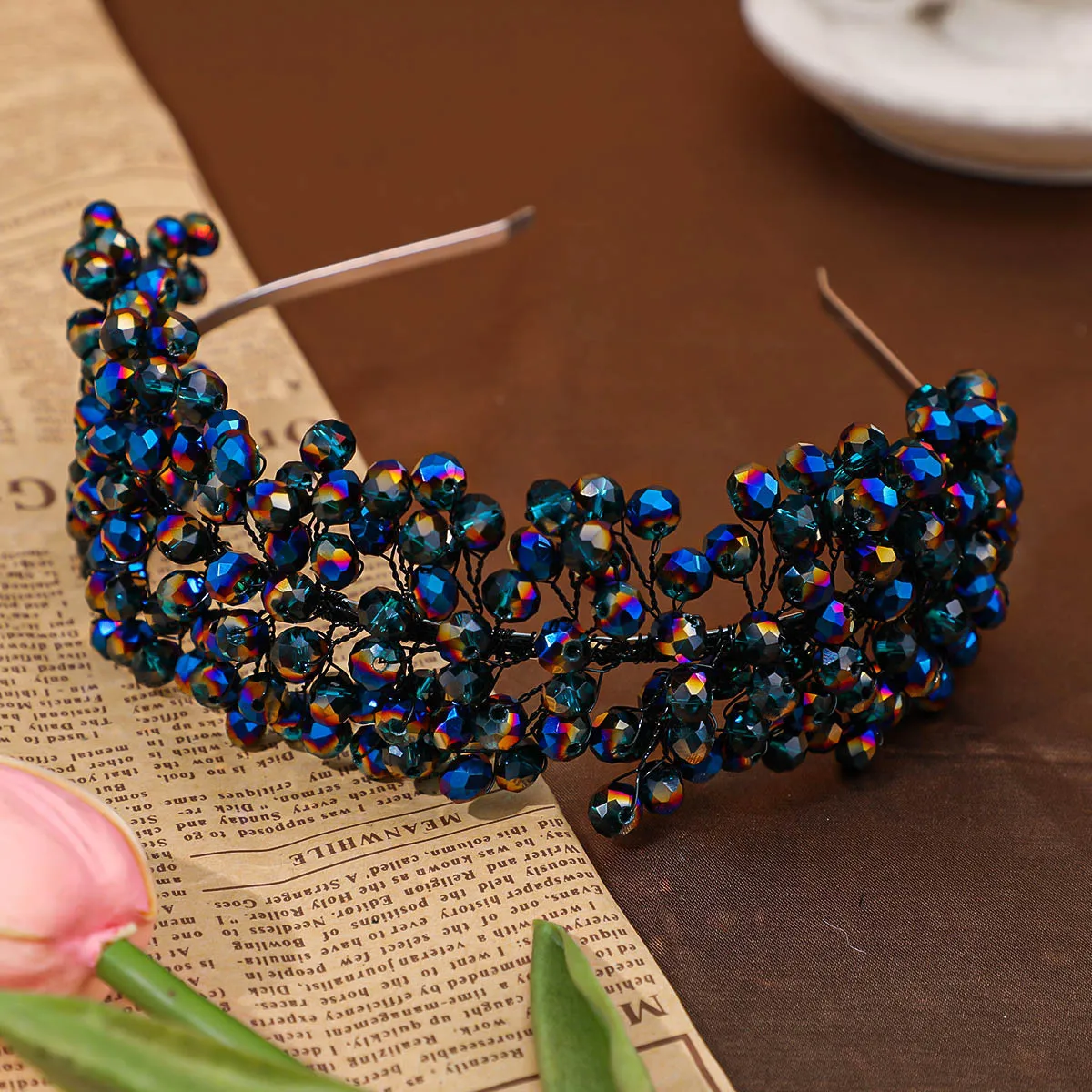 ROMANTIC Luxury Handmade Beaded Hair Band Navy Blue Crystal Stone Party Hair Accessories Elegant Engagement Headband