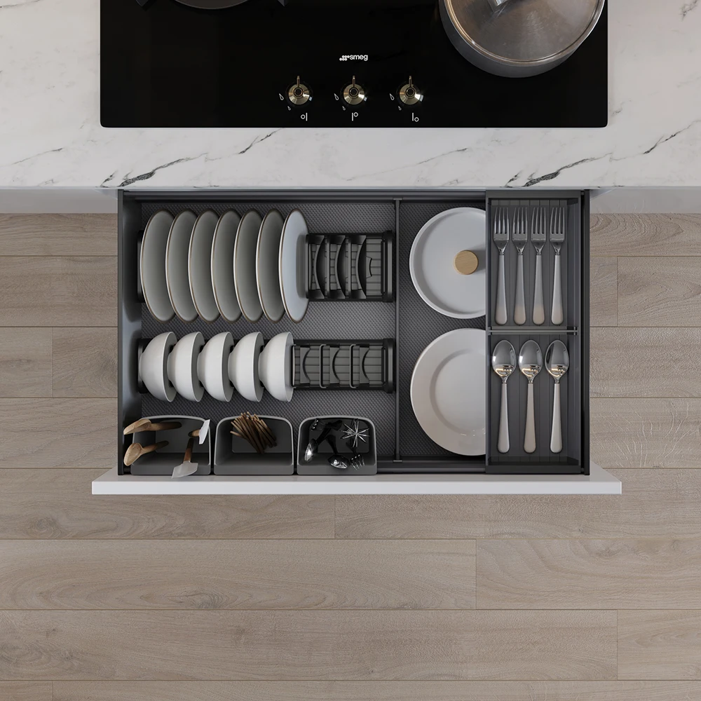 Goldmine JING HUA slide out cabinet organizers deep tableware pullout storage basket high end dishes cabinet pull out drawers