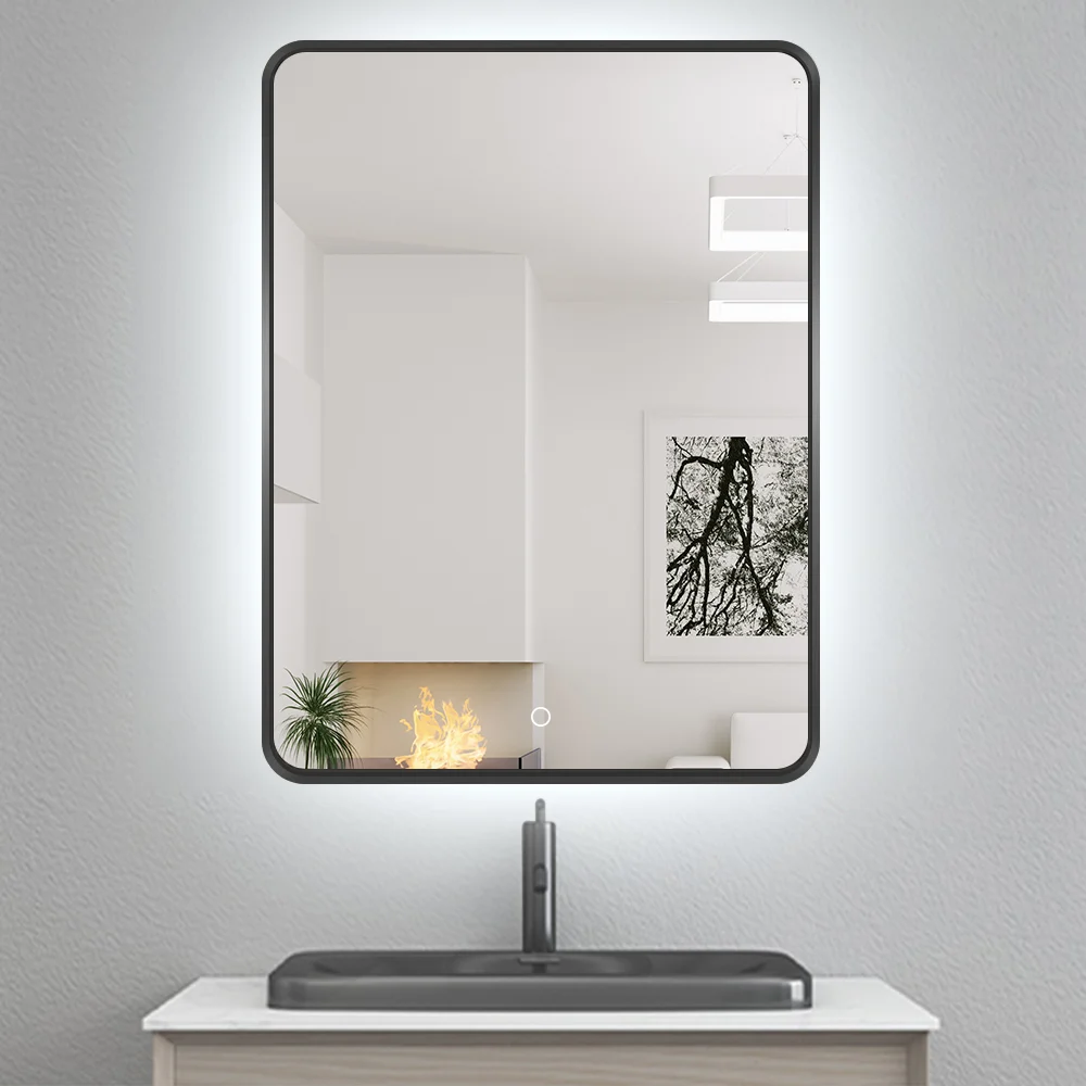 Lamxon hot sale modern bathroom vanity LED illuminated framed mirror with demister