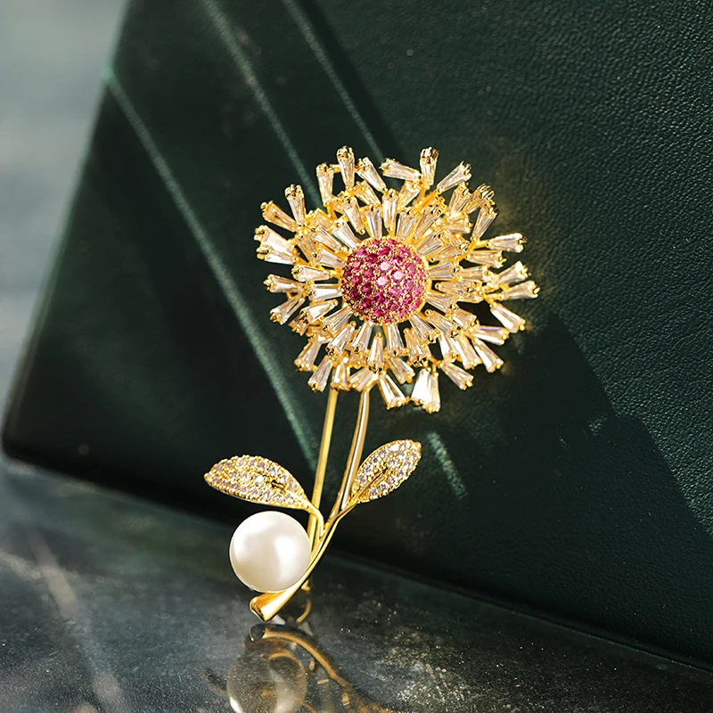 
Korean Channel Dandelion Flower Designer Brooches And Pins Pins Pearl 18k Gold Plated Charming Brooch Women 