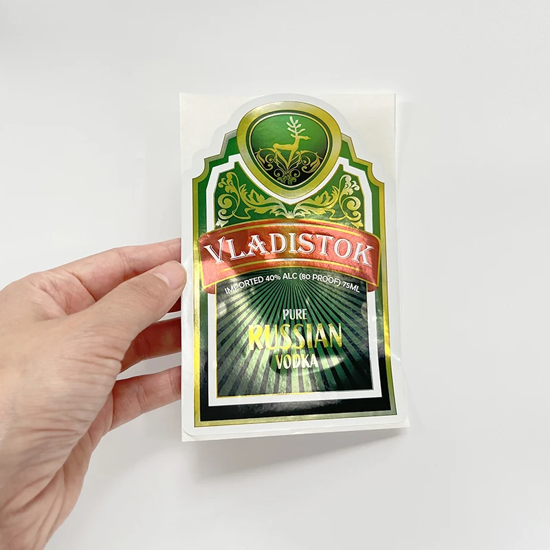 Custom Vinyl Water Resistant Gold Aluminum Foil Silver Beer Label Printed Reflective Vodka Glass Bottle Label Sticker Design