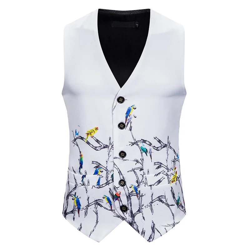 Cotton Fabric Men Single-breasted Waistcoat Branch Printing Waistcoat For Men Design