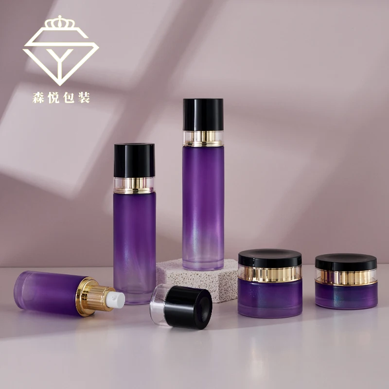 Luxury Glass Skincare Jar Packaging Deluxe Purple Frosted Glass Bottle Set For Cosmetic Lotion