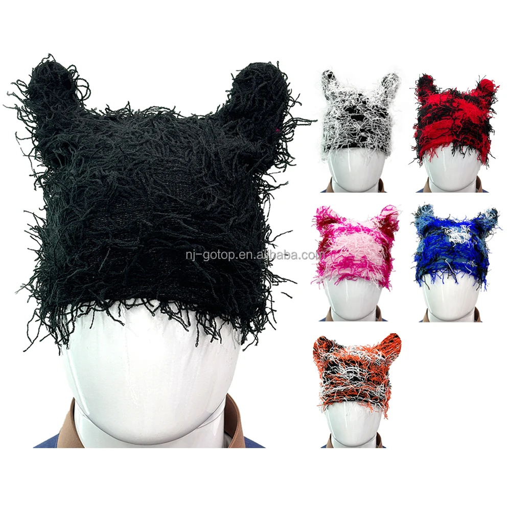 Customizable Distressed Winter Knitted Furry Beanie with Jacquard Embroidery Manufacture Ski Balaclava Cat Ear Mask